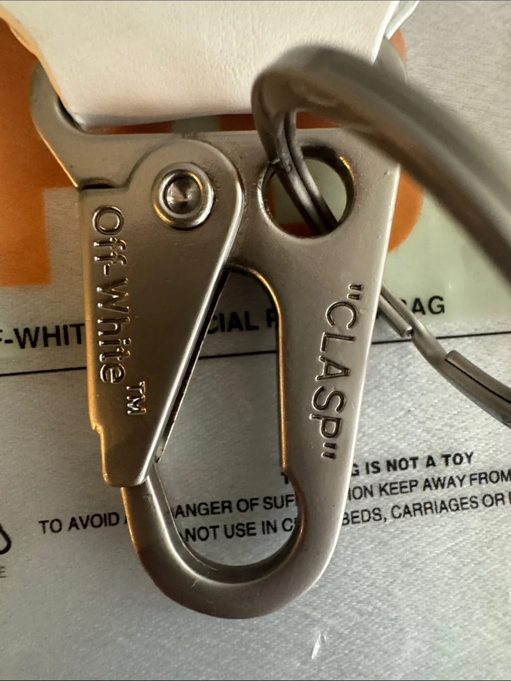 New! Off-White White Nylon Key Strap with Black Diagonal Text and Red Zip Tie